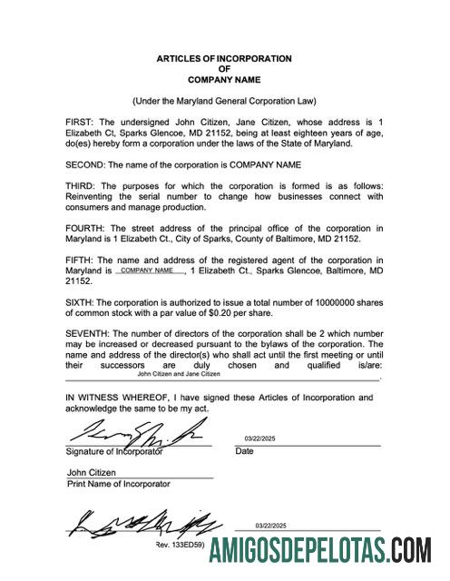 Artigos de Incorporação dos EUA Maryland para impressão Modelo Word e PDF